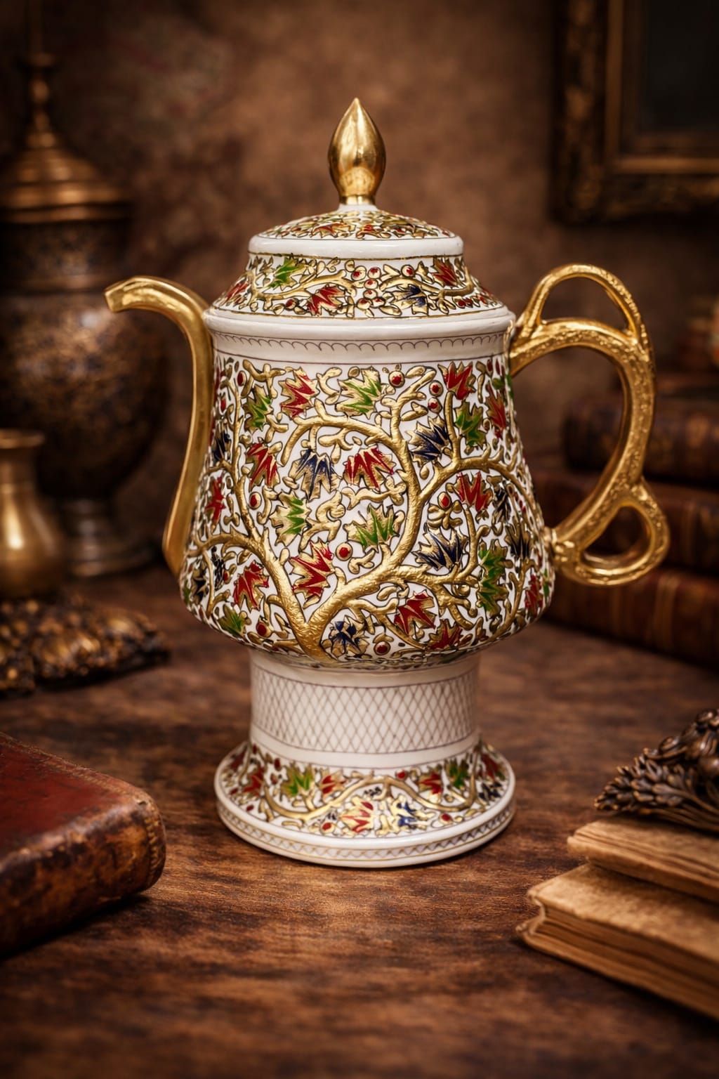 Handcrafted Kashmiri paper mache samavar with gold finish and hand-painted floral and bird motifs for luxury home décor Copy 193525
